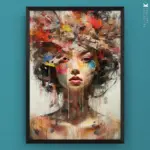Abstract portrait of a woman with a vivid explosion of colors and fragmented pieces surrounding her face.