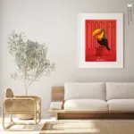 A striking toucan inspires conquest, centered on a backdrop of red, the color of passion, with inspirational Colombian text and a scannable code for corresponding music.