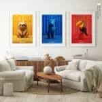 A series of three artworks titled "Inspirational Fauna" depicting Colombia's iconic animals and messages of relaxation, dreaming, and conquest, unified by the national flag's colors and interactive Spotify links for a cultural auditory experience.